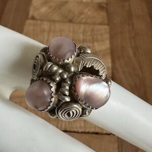 VTG Max Calabaza Navajo Ring 6.75 Pastel MOP Cabs Spiral Leaf Sterling 7.7g USA